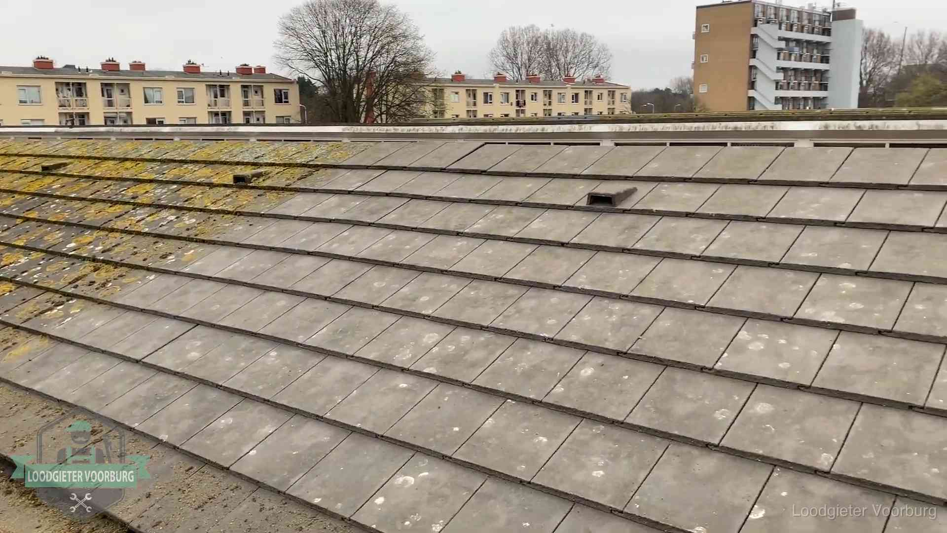Dakpannen op een schuin dak in Voorburg Schuin dak met betonpannen vol mos in Voorburg, een risico op lekkage bij de pannen